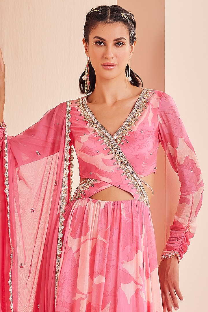 Pink Chiffon Printed Cut-Out Wedding Anarkali Set by Mandira Wirk - Indian at Pernia's Pop Up Shop