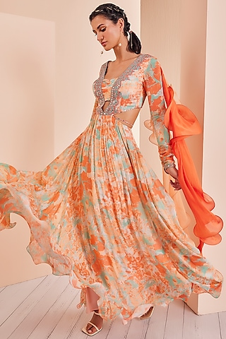 Bright Orange Chiffon Printed Anarkali Set by Mandira Wirk - Indian