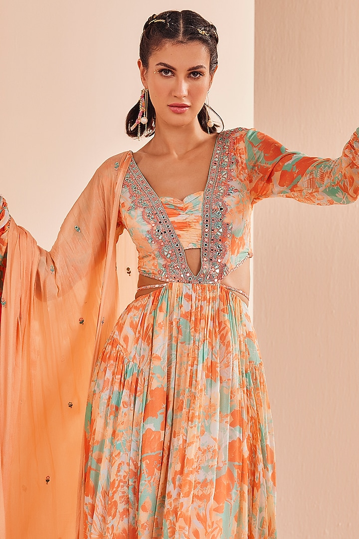 Bright Orange Chiffon Printed Wedding Anarkali Set by Mandira Wirk - Indian at Pernia's Pop Up Shop