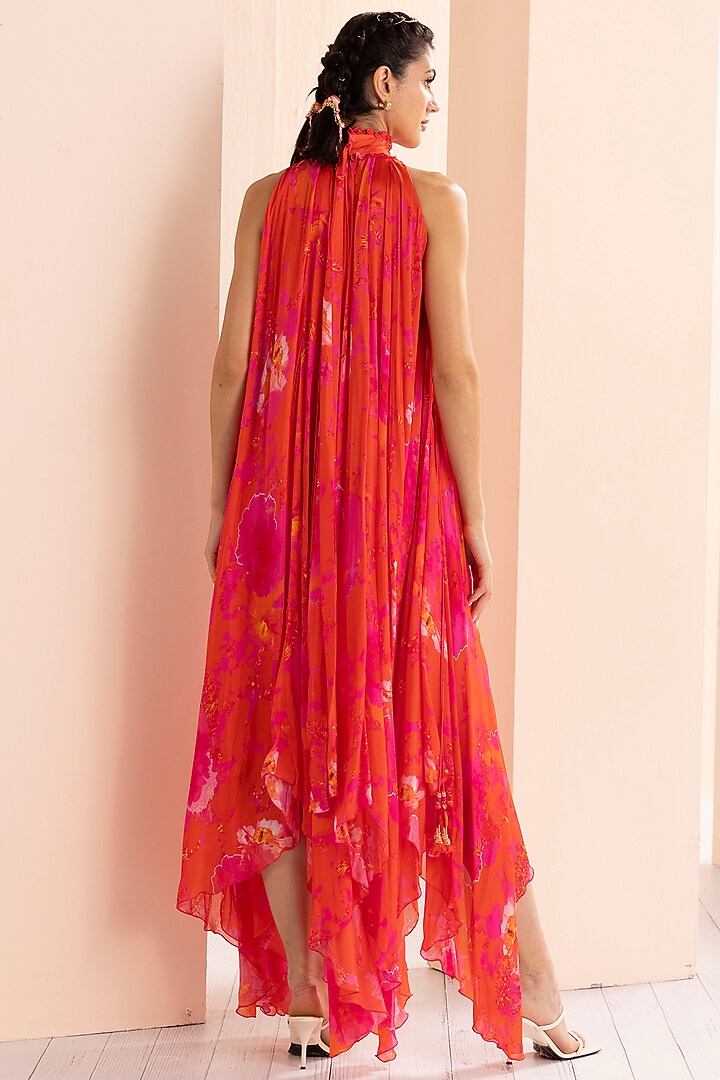 Orange Chiffon Printed High-Low Vacation Dress by Mandira Wirk - Indian at Pernia's Pop Up Shop