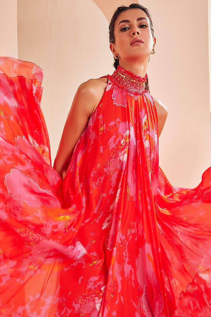 Orange Chiffon Printed High-Low Vacation Dress by Mandira Wirk - Indian at Pernia's Pop Up Shop