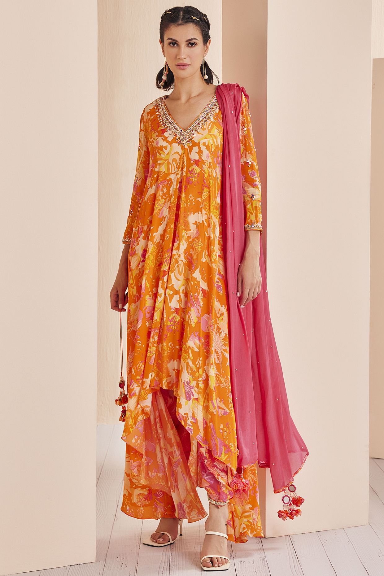 Saffron Viscose Crepe Printed Asymmetric Kurta Set by Mandira Wirk - Indian at Pernia's Pop Up Shop