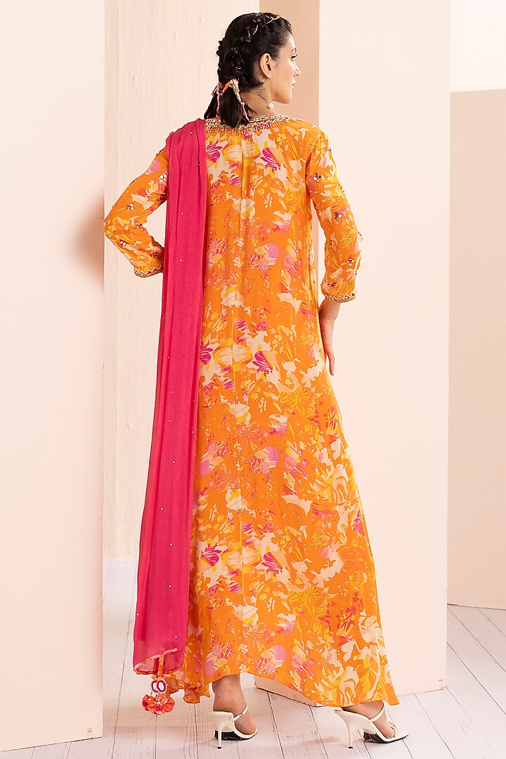 Saffron Viscose Crepe Printed Asymmetric Kurta Set by Mandira Wirk - Indian at Pernia's Pop Up Shop