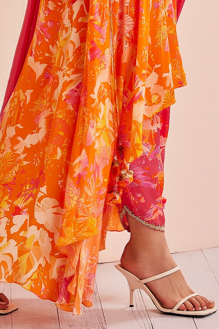 Saffron Viscose Crepe Printed Asymmetric Kurta Set by Mandira Wirk - Indian at Pernia's Pop Up Shop