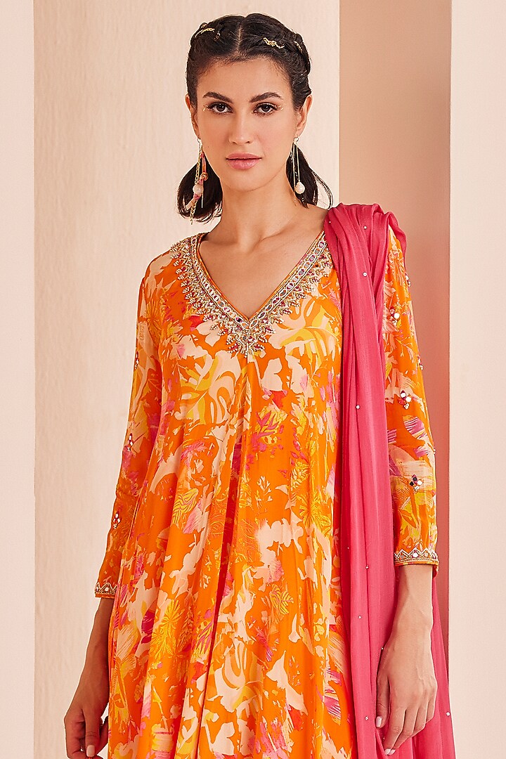 Saffron Viscose Crepe Printed Asymmetric Kurta Set by Mandira Wirk - Indian at Pernia's Pop Up Shop