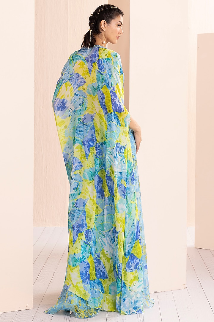 Blue Chiffon Printed Paneled Wedding Sharara Set by Mandira Wirk - Indian at Pernia's Pop Up Shop