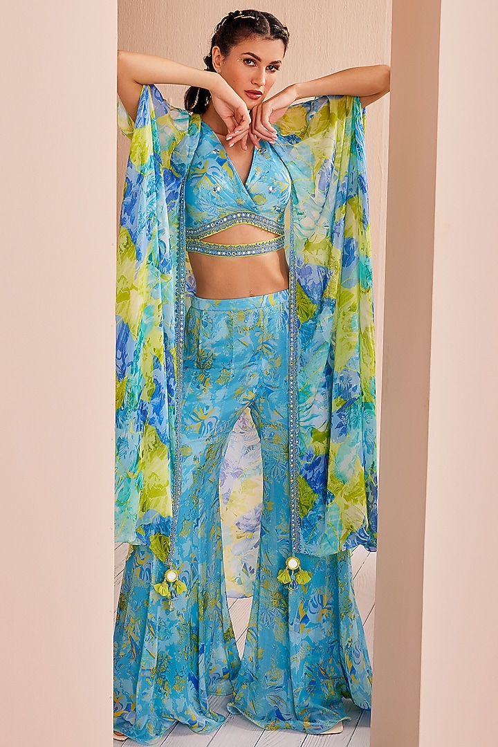 Blue Chiffon Printed Paneled Wedding Sharara Set by Mandira Wirk - Indian at Pernia's Pop Up Shop