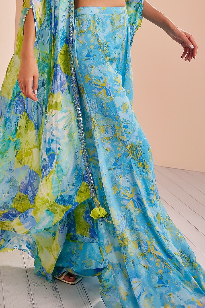 Blue Chiffon Printed Paneled Wedding Sharara Set by Mandira Wirk - Indian at Pernia's Pop Up Shop