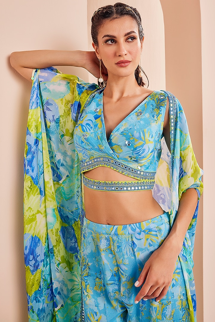 Blue Chiffon Printed Paneled Wedding Sharara Set by Mandira Wirk - Indian at Pernia's Pop Up Shop
