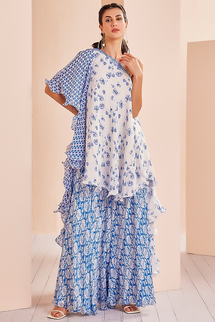 Blue Chiffon Printed Wedding Sharara Set by Mandira Wirk - Indian at Pernia's Pop Up Shop
