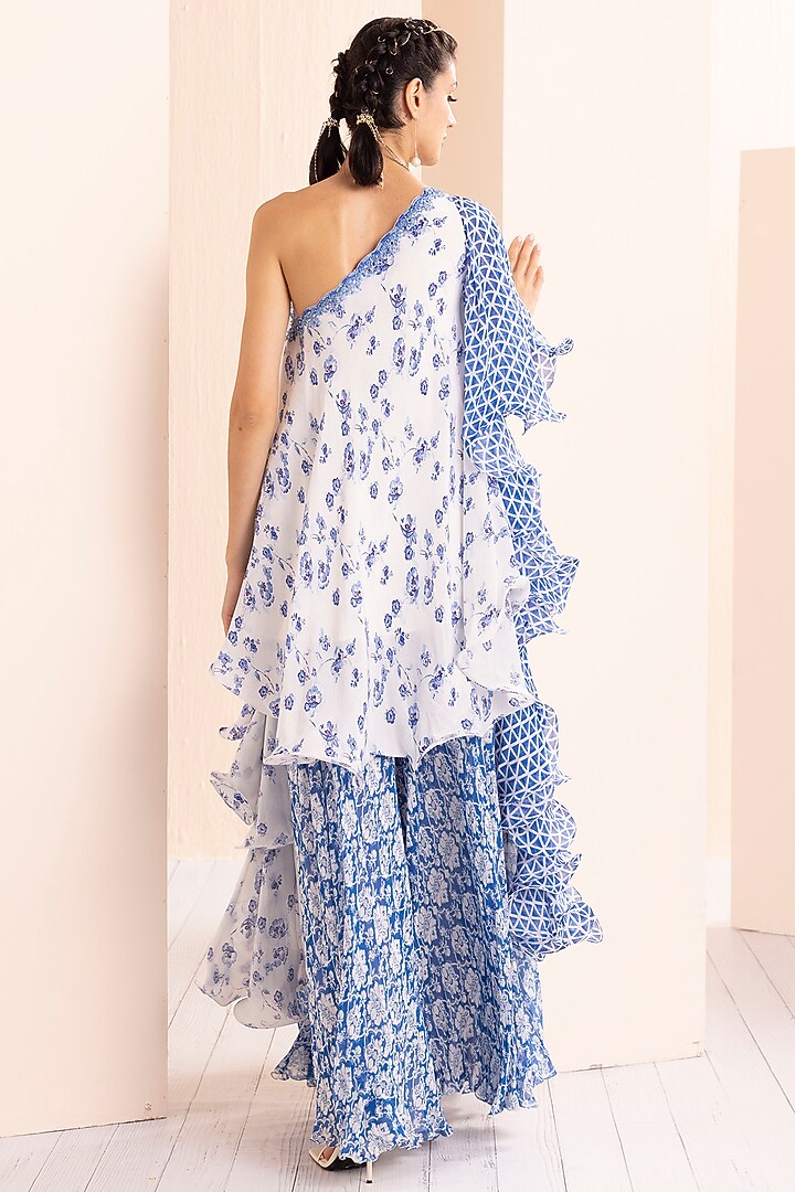 Blue Chiffon Printed Wedding Sharara Set by Mandira Wirk - Indian at Pernia's Pop Up Shop