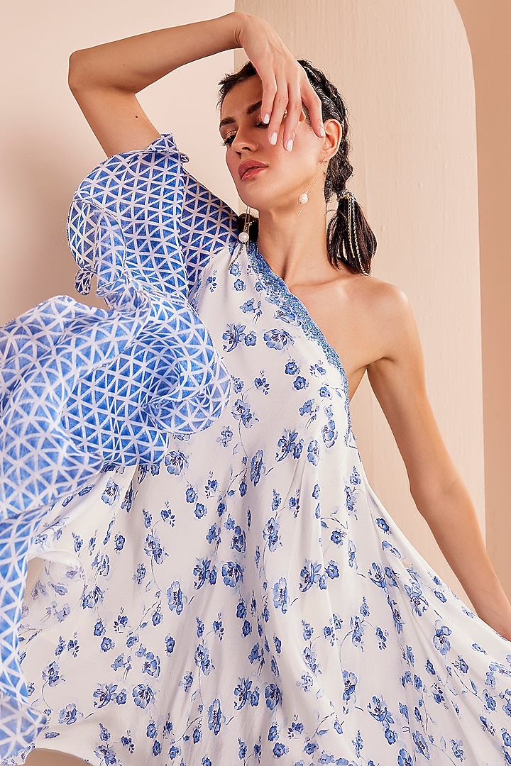 Blue Chiffon Printed Wedding Sharara Set by Mandira Wirk - Indian at Pernia's Pop Up Shop