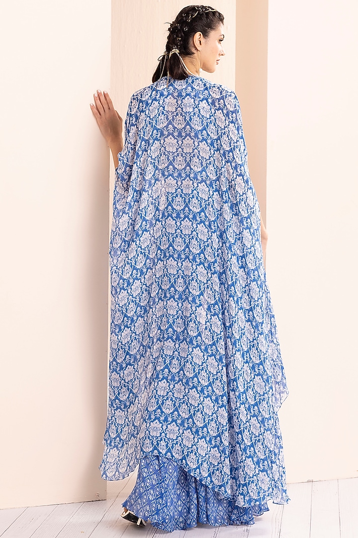 Blue Chiffon Printed Wedding Sharara Set by Mandira Wirk - Indian at Pernia's Pop Up Shop