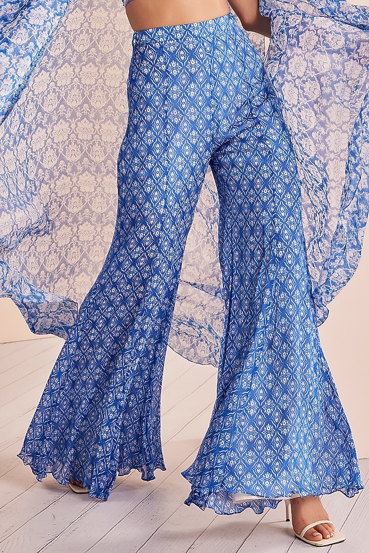 Blue Chiffon Printed Wedding Sharara Set by Mandira Wirk - Indian at Pernia's Pop Up Shop