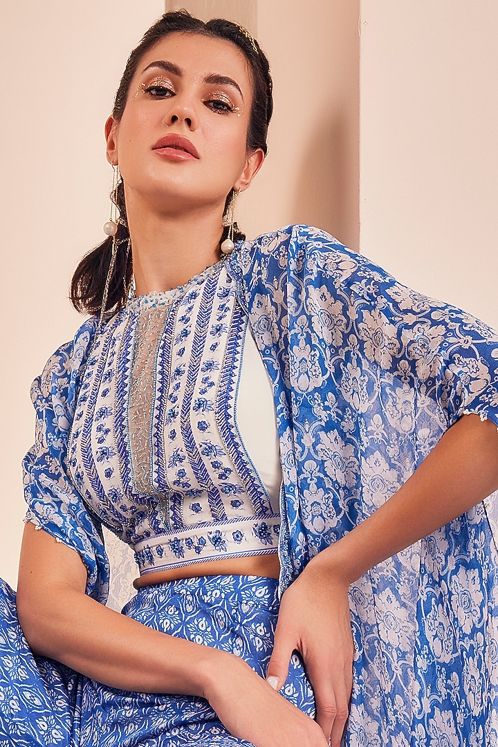 Blue Chiffon Printed Wedding Sharara Set by Mandira Wirk - Indian at Pernia's Pop Up Shop