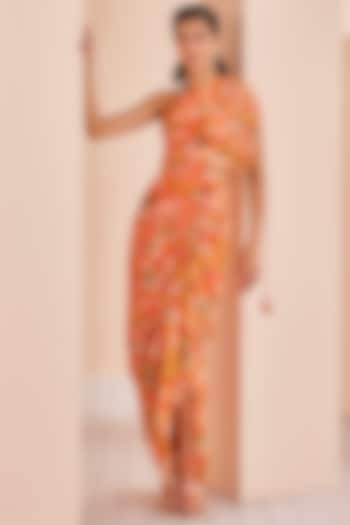 Orange Chiffon Printed One-Shoulder Draped Dress by Mandira Wirk