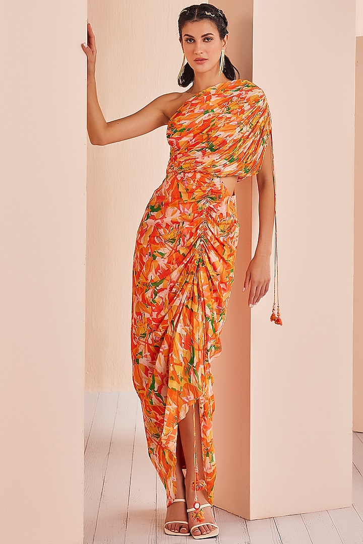 Orange Chiffon Printed One-Shoulder Draped Dress by Mandira Wirk