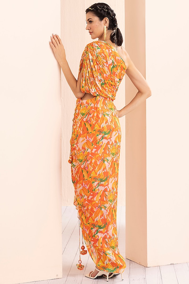 Orange Chiffon Printed One-Shoulder Draped Vacation Dress by Mandira Wirk - Indian at Pernia's Pop Up Shop