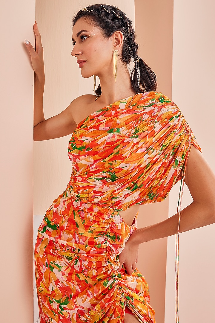 Orange Chiffon Printed One-Shoulder Draped Vacation Dress by Mandira Wirk - Indian at Pernia's Pop Up Shop