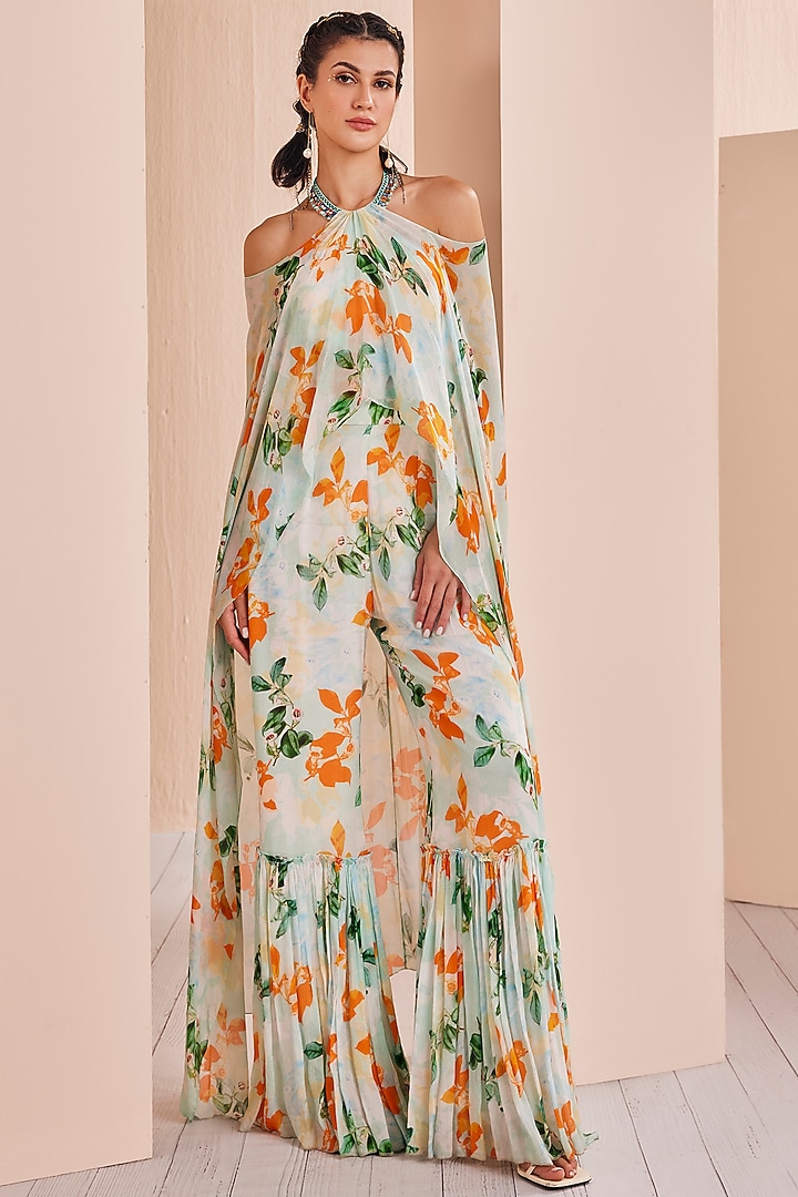 Sage Chiffon Printed Jumpsuit With Attached Cape by Mandira Wirk - Indian at Pernia's Pop Up Shop