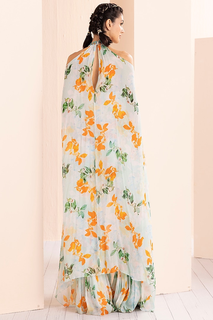 Sage Chiffon Printed Jumpsuit With Attached Cape by Mandira Wirk - Indian at Pernia's Pop Up Shop