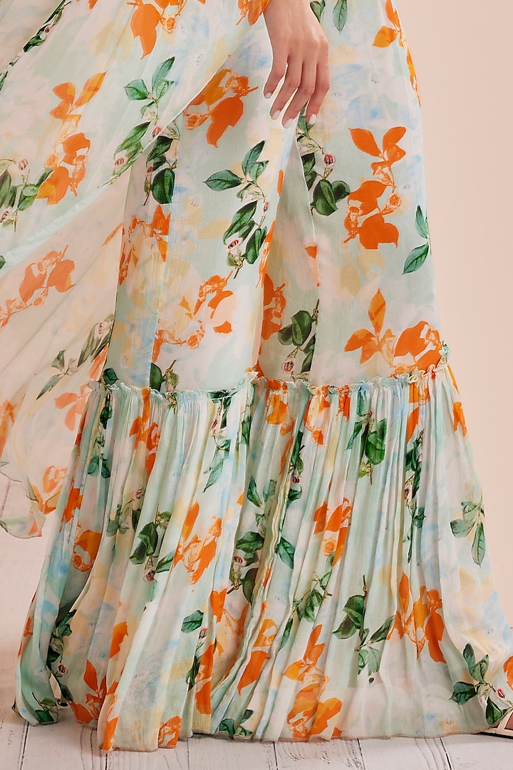 Sage Chiffon Printed Jumpsuit With Attached Cape by Mandira Wirk - Indian at Pernia's Pop Up Shop
