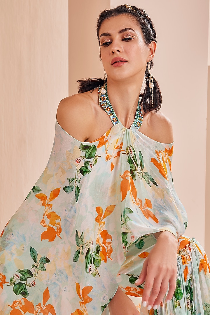 Sage Chiffon Printed Jumpsuit With Attached Cape by Mandira Wirk - Indian at Pernia's Pop Up Shop