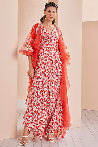 Red Satin & Chiffon Printed Jumpsuit With Cape by Mandira Wirk - Indian
