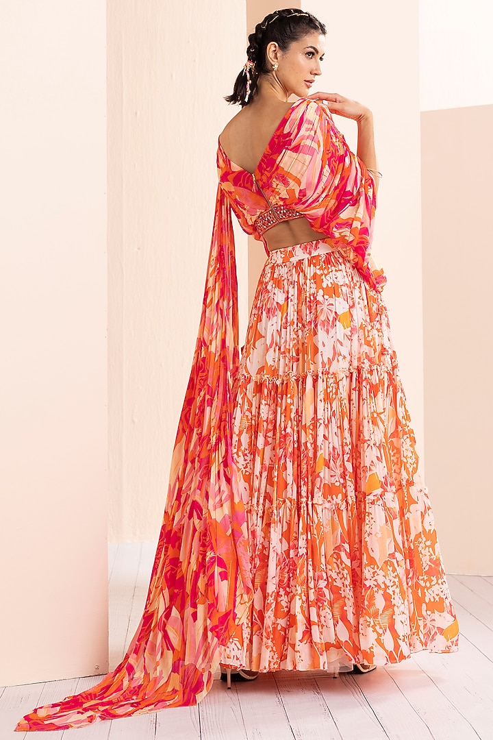 Red Satin & Chiffon Printed Jumpsuit With Cape by Mandira Wirk - Indian at Pernia's Pop Up Shop