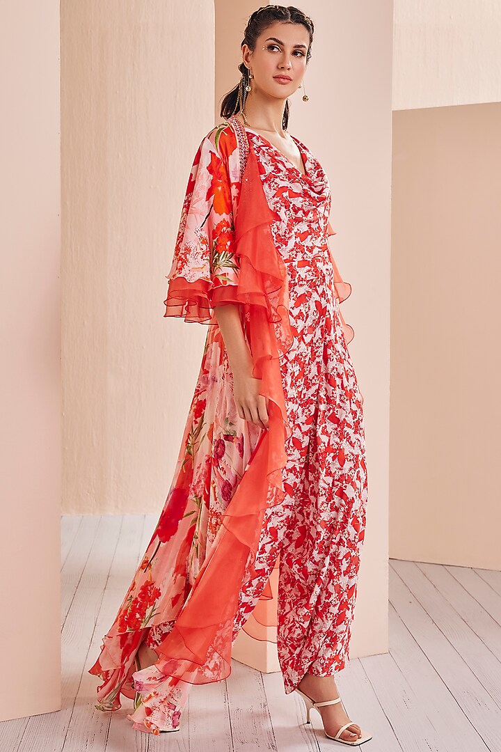 Red Satin & Chiffon Printed Jumpsuit With Cape by Mandira Wirk - Indian at Pernia's Pop Up Shop