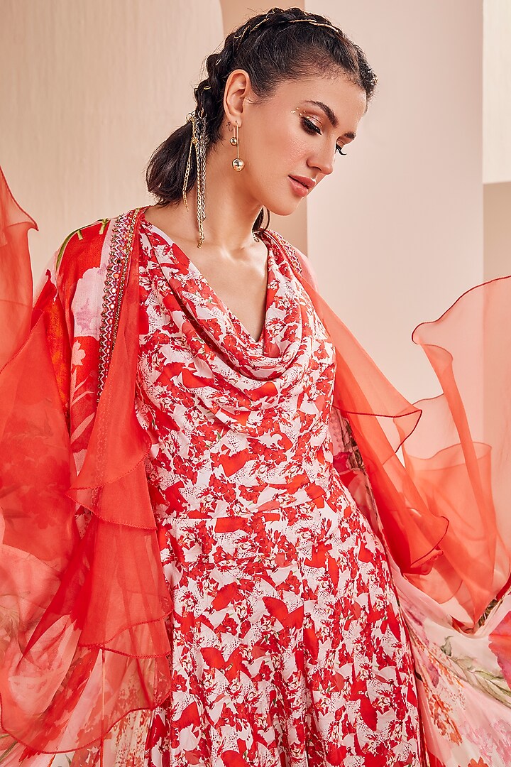 Red Satin & Chiffon Printed Jumpsuit With Cape by Mandira Wirk - Indian at Pernia's Pop Up Shop