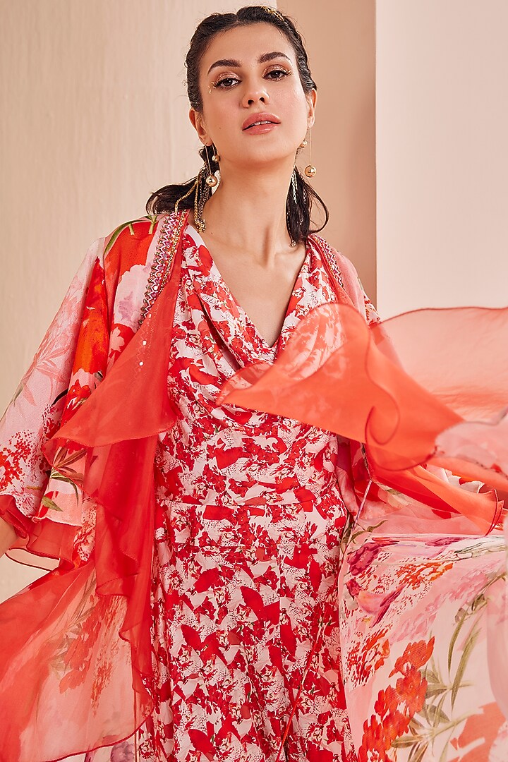 Red Satin & Chiffon Printed Jumpsuit With Cape by Mandira Wirk - Indian at Pernia's Pop Up Shop