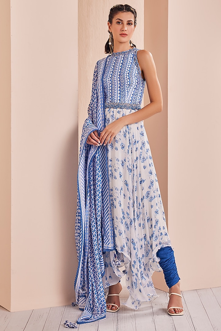 Blue Chiffon Printed Asymmetric Kurta Set by Mandira Wirk - Indian at Pernia's Pop Up Shop