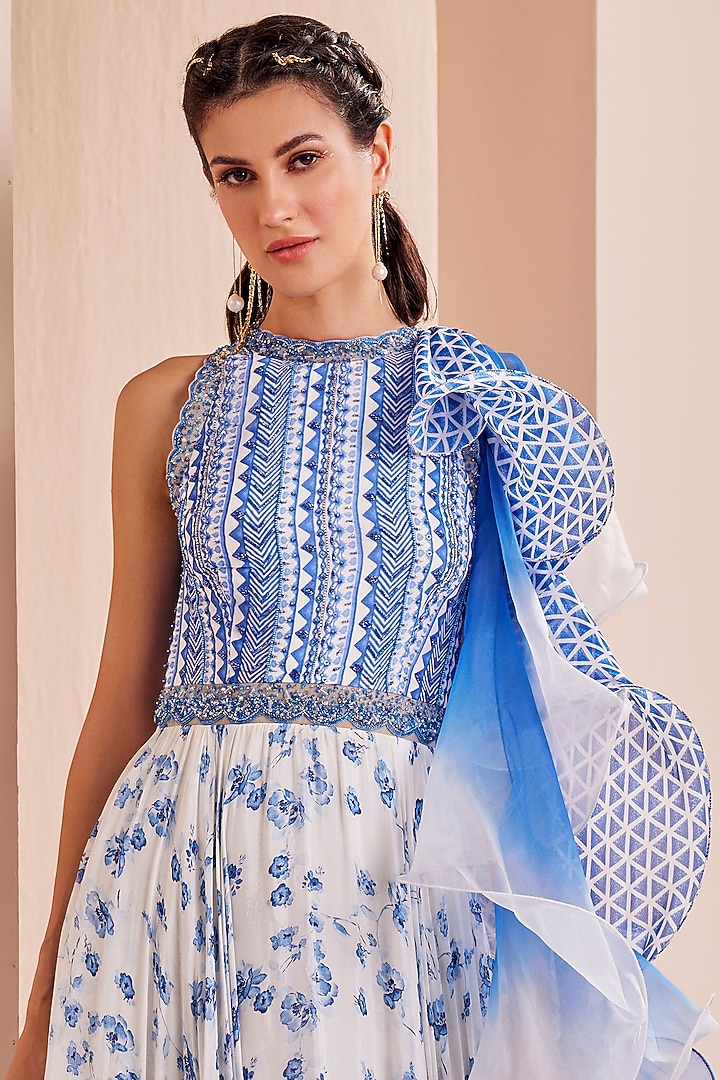 Blue Chiffon Printed Asymmetric Kurta Set by Mandira Wirk - Indian at Pernia's Pop Up Shop