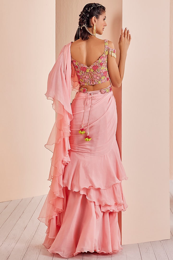 Peach-Pink Chiffon Draped Wedding Saree Set by Mandira Wirk - Indian at Pernia's Pop Up Shop