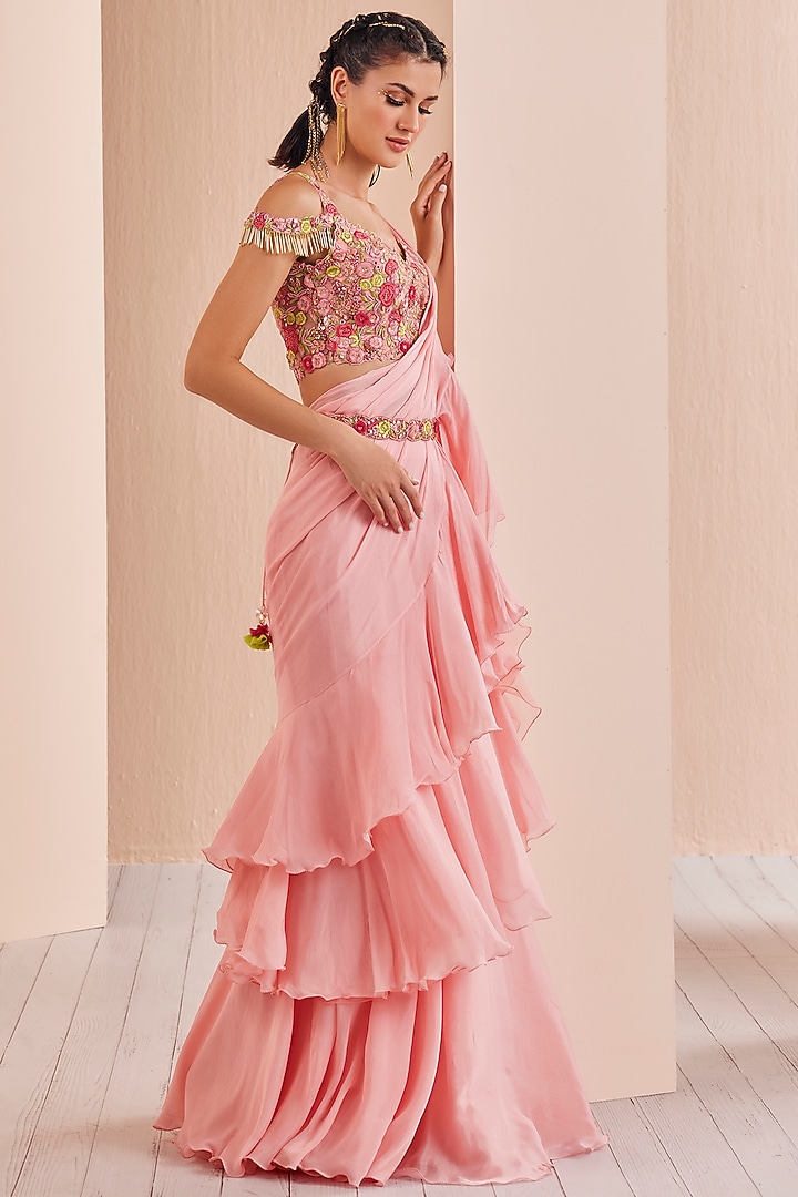 Peach-Pink Chiffon Draped Wedding Saree Set by Mandira Wirk - Indian at Pernia's Pop Up Shop