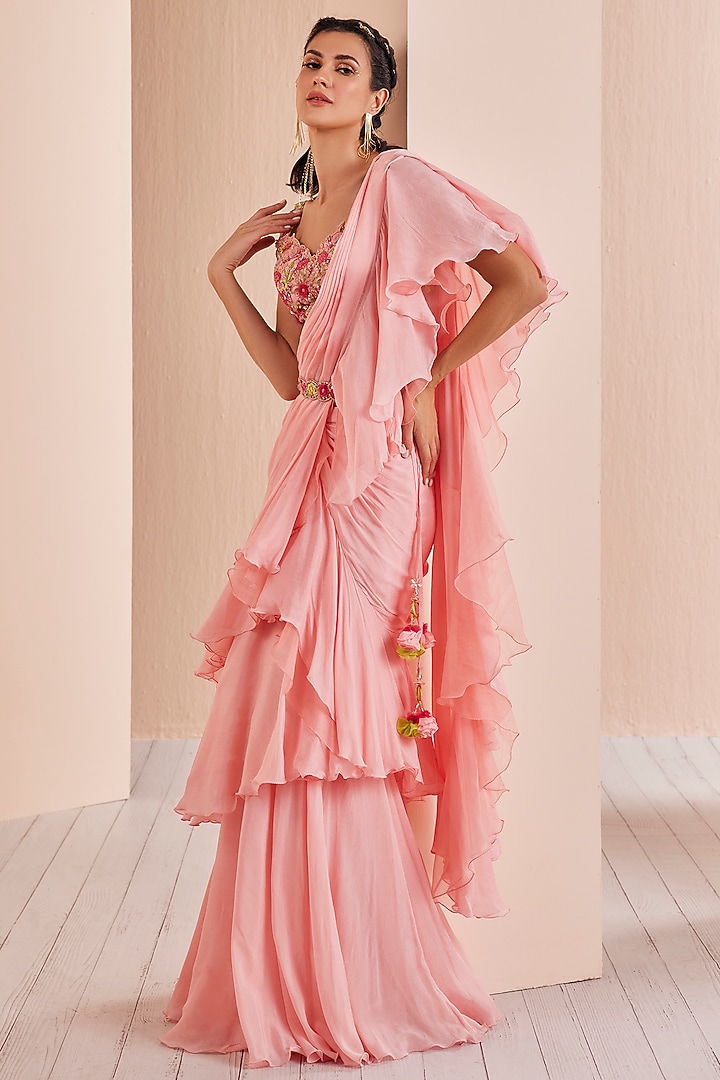 Peach-Pink Chiffon Draped Wedding Saree Set by Mandira Wirk - Indian at Pernia's Pop Up Shop