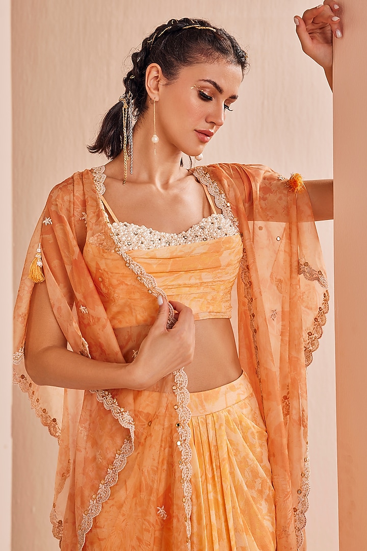 Orange Organza Printed Cape Set by Mandira Wirk - Indian at Pernia's Pop Up Shop