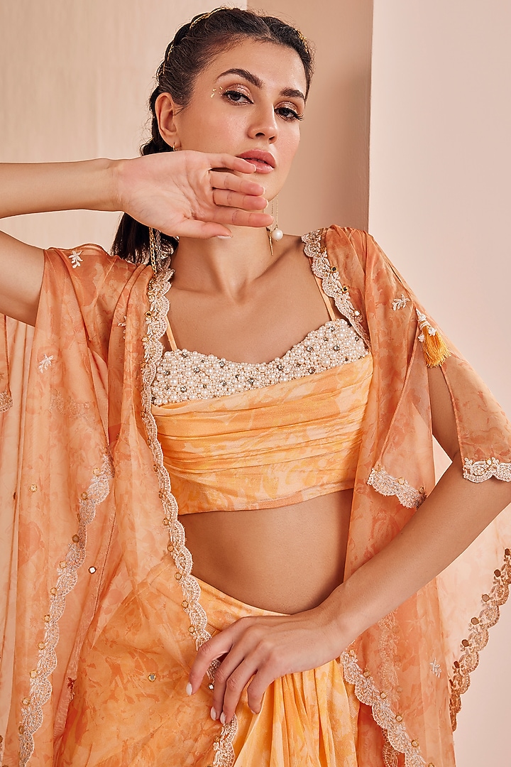 Orange Organza Printed Cape Set by Mandira Wirk - Indian at Pernia's Pop Up Shop