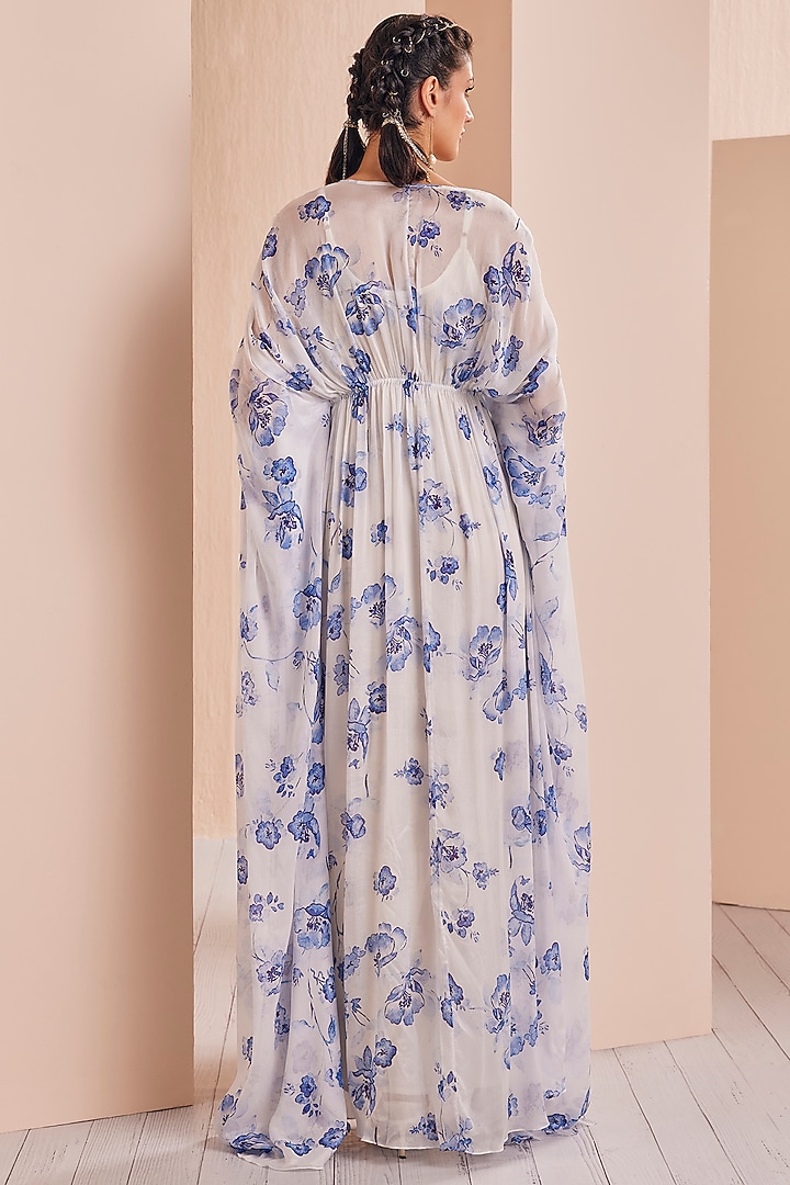 White & Blue Chiffon Printed Kaftan by Mandira Wirk - Indian at Pernia's Pop Up Shop