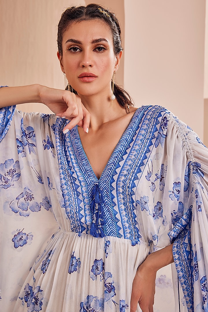 White & Blue Chiffon Printed Kaftan by Mandira Wirk at Pernia's Pop Up Shop  2026