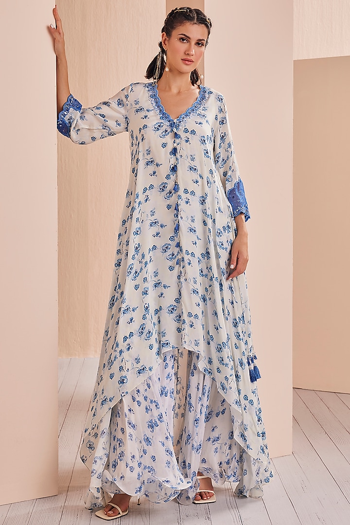 White & Blue Crepe Printed Sharara Set by Mandira Wirk at Pernia's Pop Up Shop