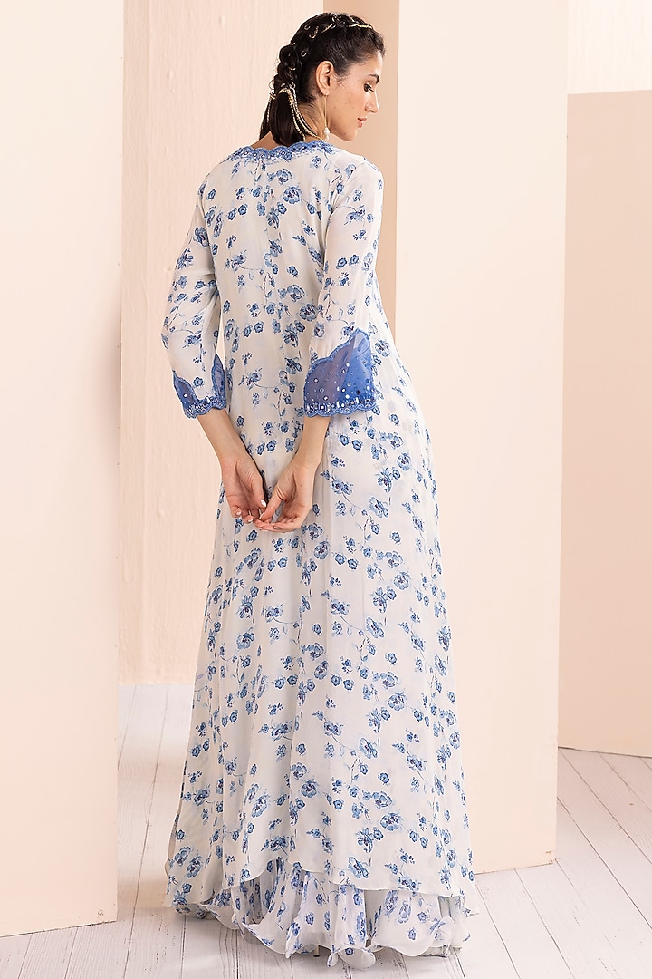 White & Blue Crepe Printed Wedding Sharara Set by Mandira Wirk - Indian at Pernia's Pop Up Shop