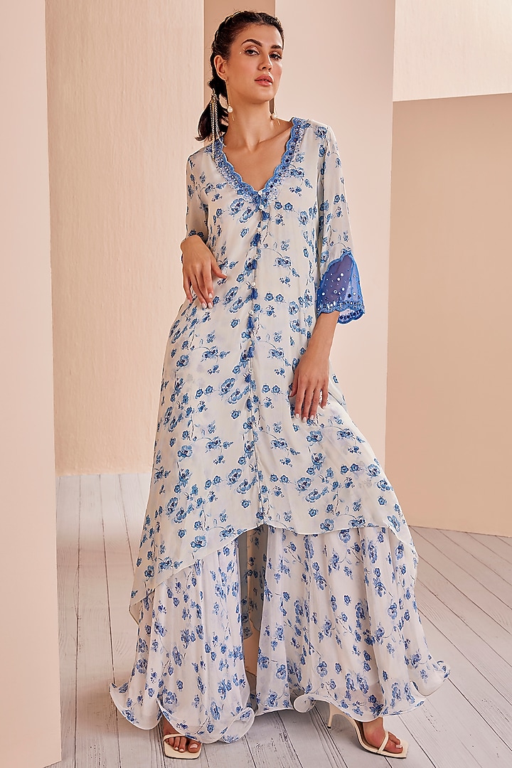 White & Blue Crepe Printed Wedding Sharara Set by Mandira Wirk - Indian at Pernia's Pop Up Shop