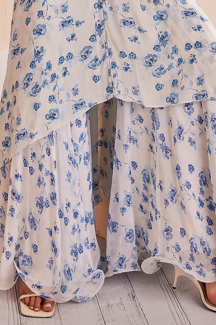 White & Blue Crepe Printed Wedding Sharara Set by Mandira Wirk - Indian at Pernia's Pop Up Shop