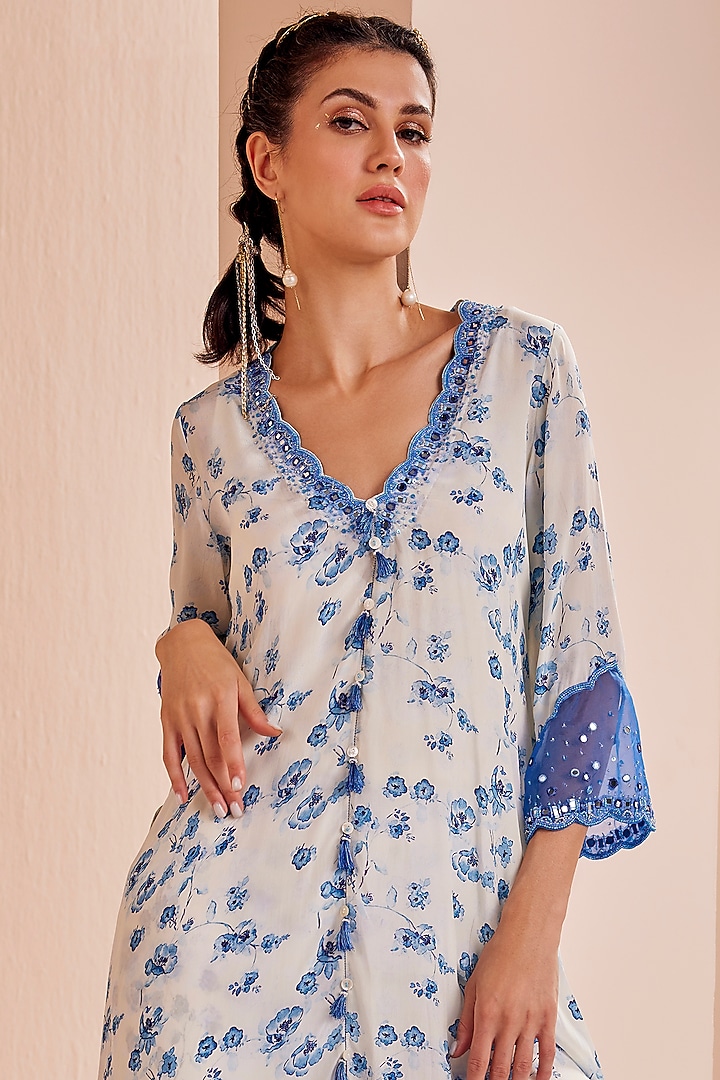 White & Blue Crepe Printed Wedding Sharara Set by Mandira Wirk - Indian at Pernia's Pop Up Shop