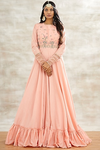 Peach Embroidered Kalidar Kurta by Mandira Wirk - Indian