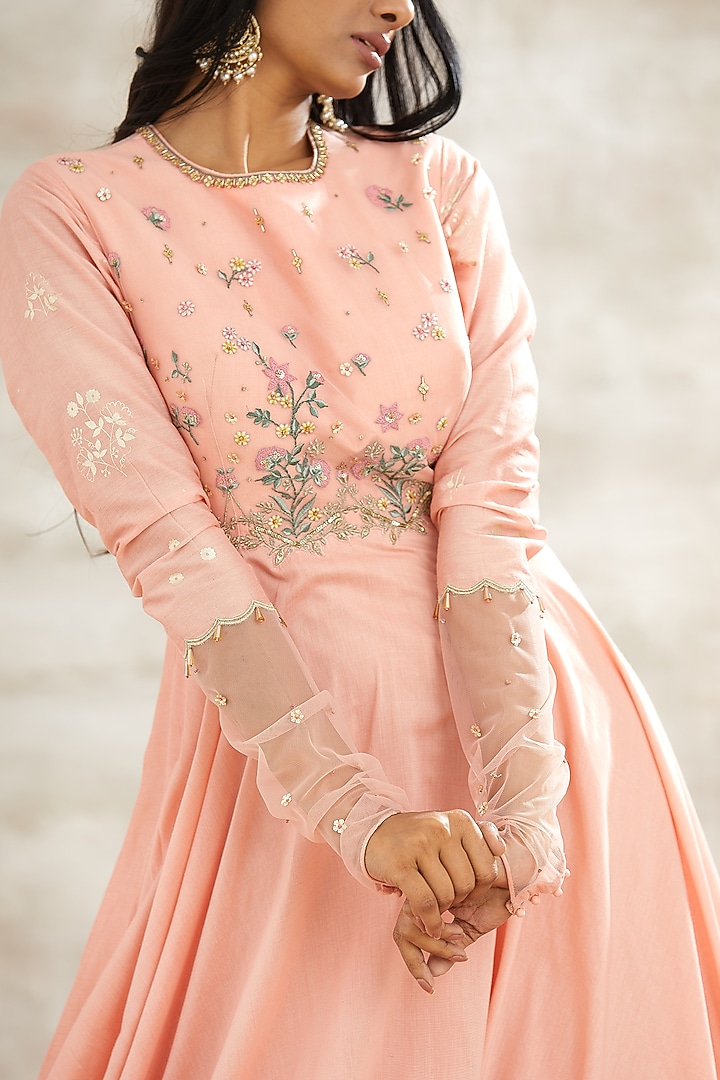 Peach Embroidered Kalidar Kurta by Mandira Wirk - Indian at Pernia's Pop Up Shop