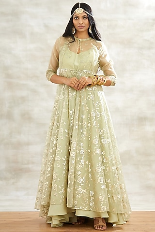 Jade Green Embroidered Jacket Set by Mandira Wirk - Indian