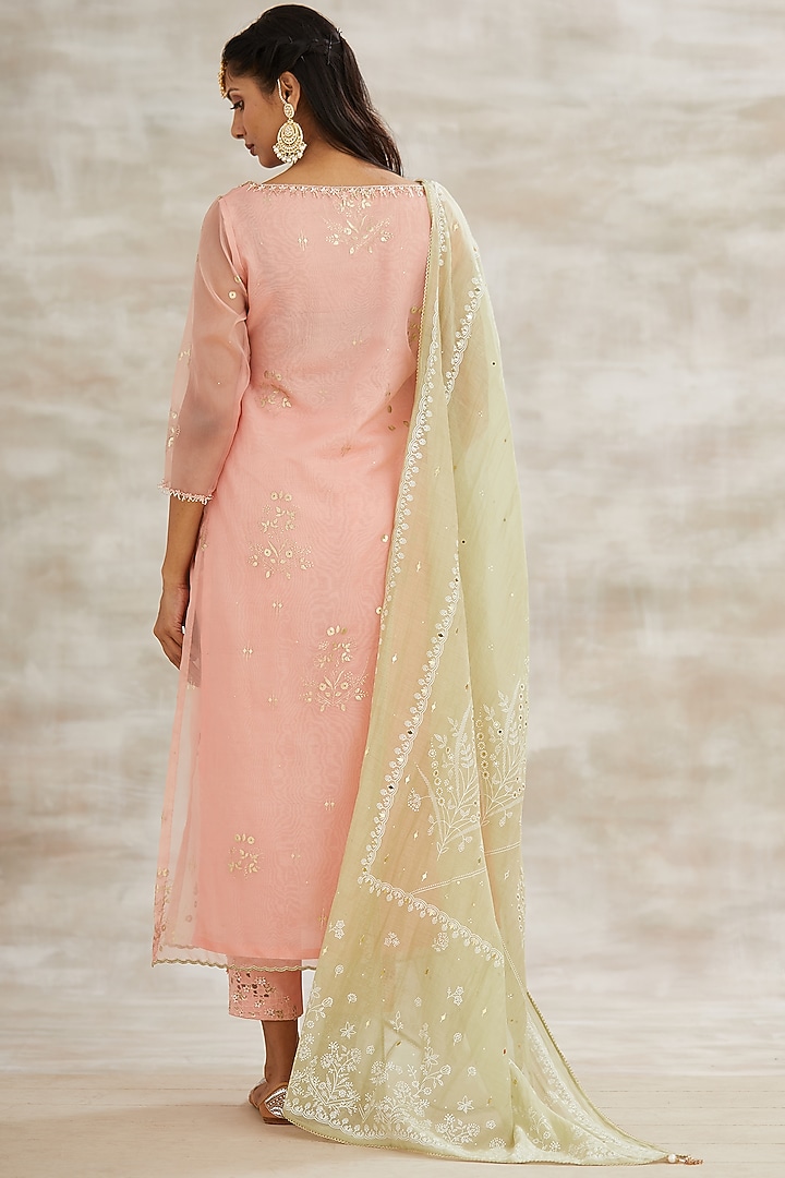 Peach & Beige Embroidered Kurta Set by Mandira Wirk - Indian at Pernia's Pop Up Shop